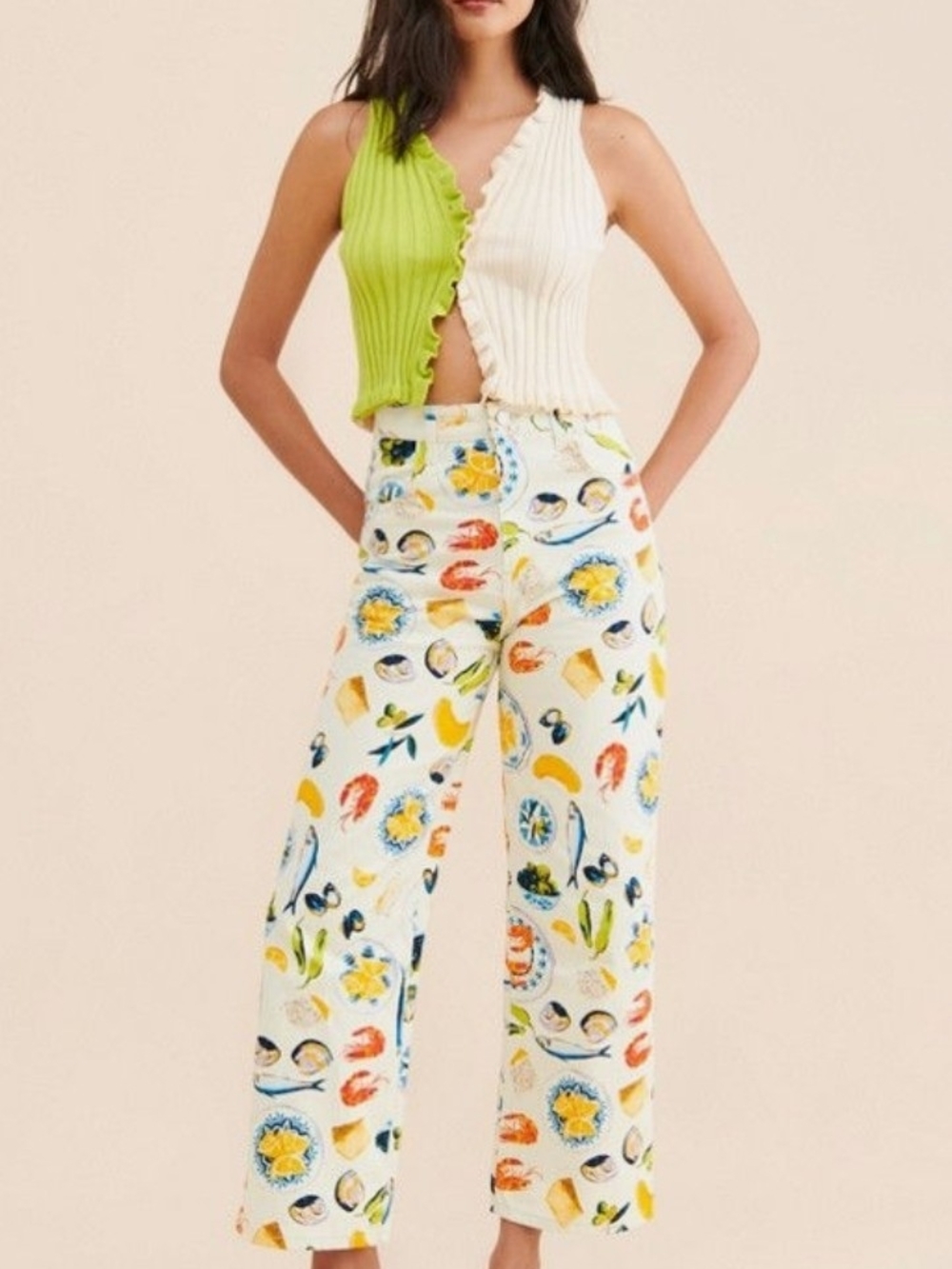 NWOT Lisa Says Gah Cream Printed Pants with Multicolor Seafood Tapas Motif Sz 8 - Picture 11 of 12